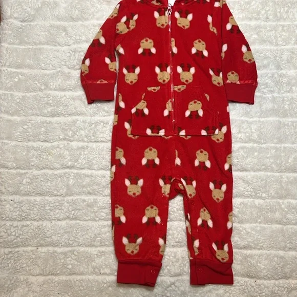 HB reindeer pajamas with a hoodie. Sz 6-9 mos. Red. Zip front - Picture 2 of 7